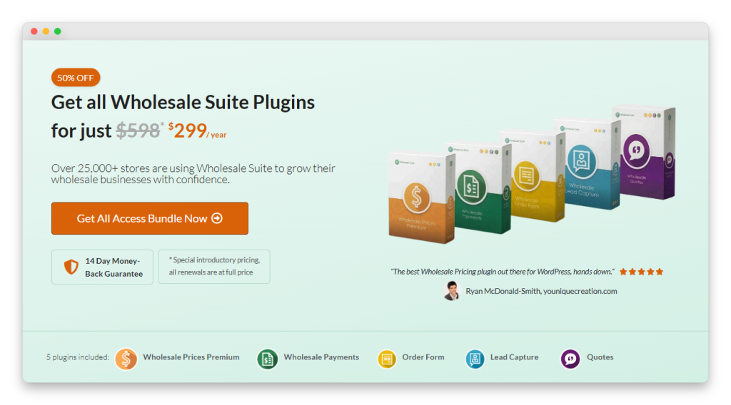 Wholesale Suite all access bundle showing five modular WooCommerce wholesale plugins