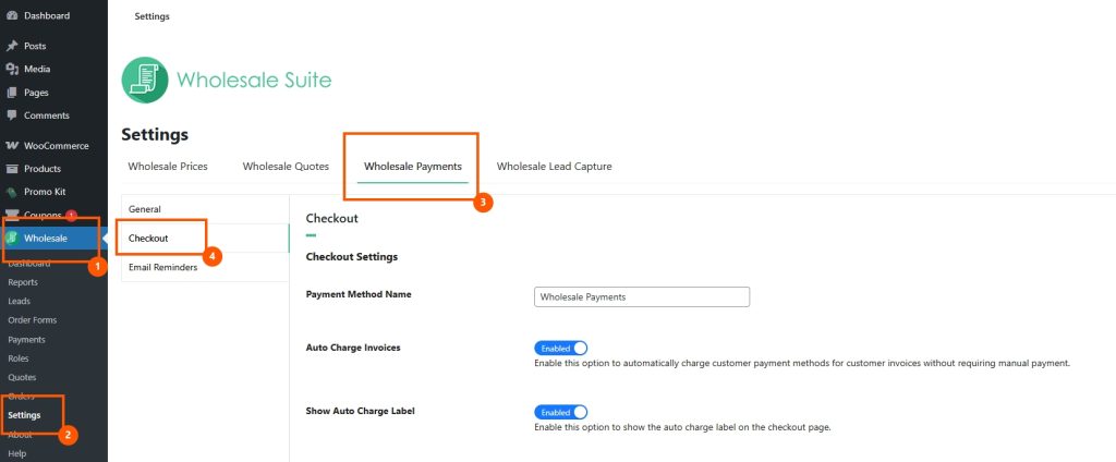Wholesale Payments checkout settings in WooCommerce showing navigation to configure payment options