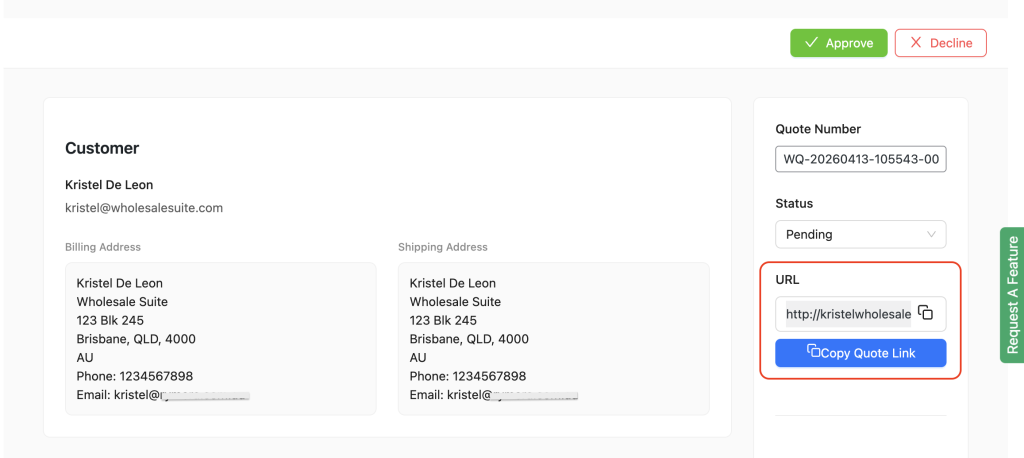wws-wwq-public-url-link - Wholesale Suite Quote edit screen showing the public link field and Copy Quote Link button in the right-hand column