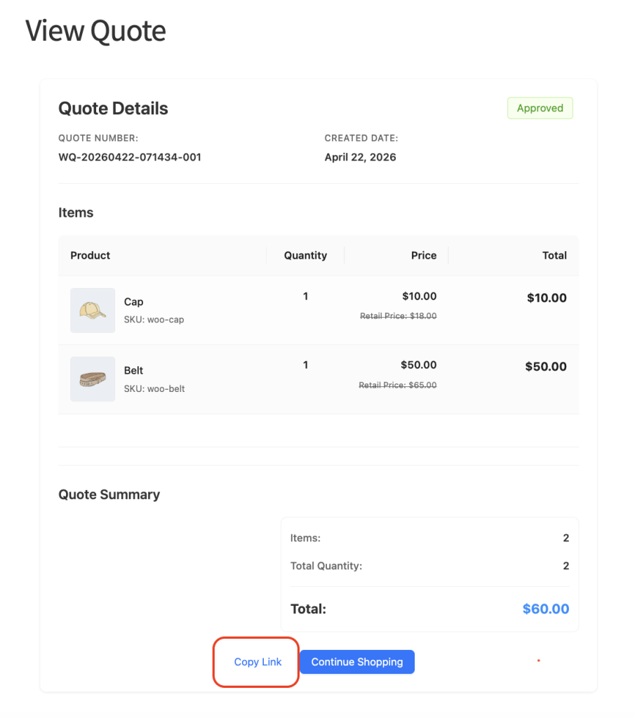 wws-wwq-view-public-link - Wholesale Suite Public quote view showing quote details, line items, pricing, and the Copy Link button at the bottom