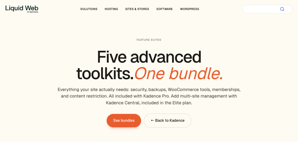 Hero banner for Liquid Web: headline 'Five advanced toolkits. One bundle.' with a short descriptive paragraph and two CTAs: 'See bundles' and 'Back to Kadence'.