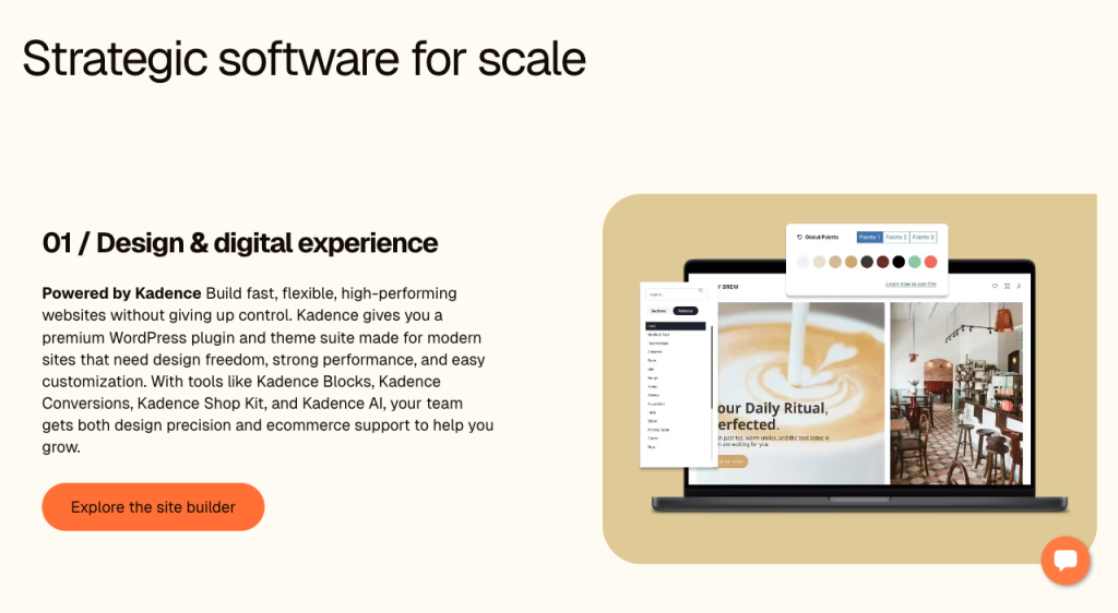 Hero image: beige page with large headline 'Strategic software for scale' and a laptop/mockup on a rounded beige card to the right, illustrating design software.