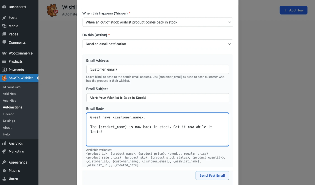 WordPress SaveTo Wishlist automation screen showing an email notification setup triggered when out-of-stock wishlist products return, using placeholders for customer and product.