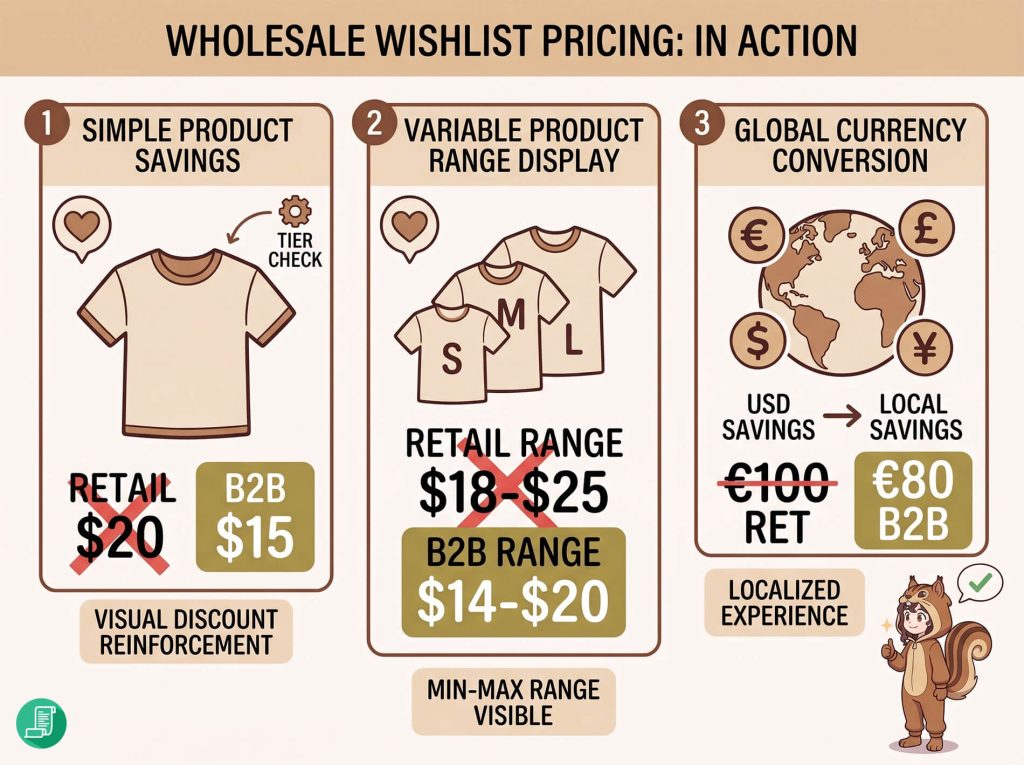Infographic illustrating wholesale wishlist pricing: three panels showing product savings, size-based B2B price ranges, and global currency conversion with localized savings.