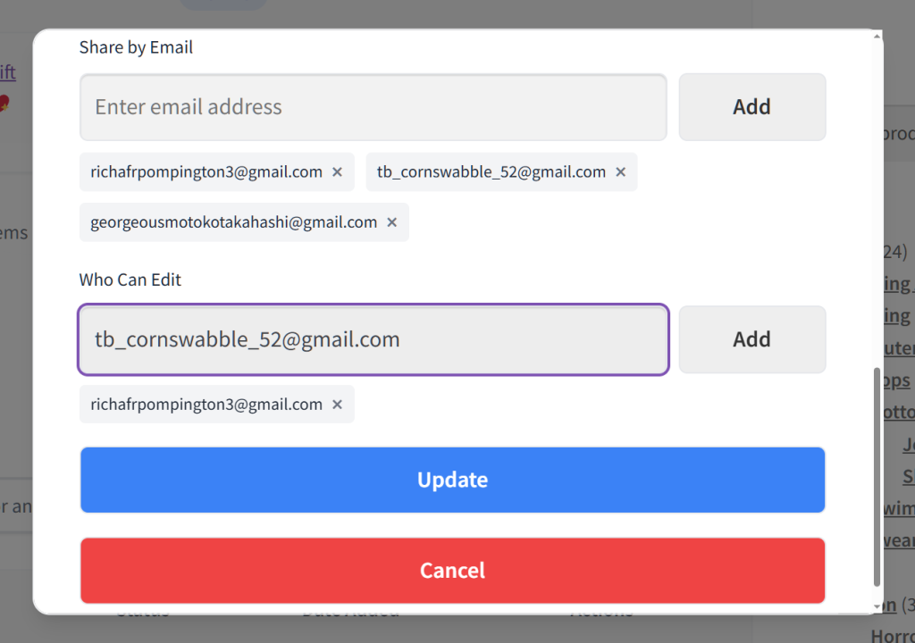Modal sharing dialog showing multiple email addresses entered for sharing, 'Who Can Edit' field highlighted, with Update (blue) and Cancel (red) buttons.