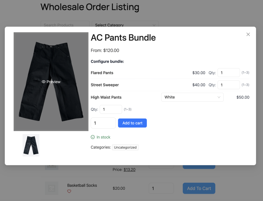 wwp-wwof-product-bundles-product-info-modal - Wholesale Suite AC Pants Bundle product modal: left image of black pants on gray background, right panel shows price, options, quantities and Add to cart button