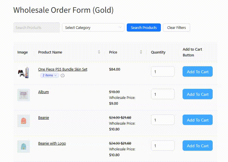 wws-bundle-select - Wholesale Suite Wholesale order form interface with search, category filter, and Add To Cart buttons for multiple products.