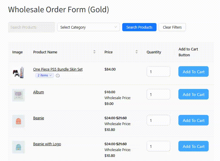 wws-product-bundle-hover - Wholesale Suite Wholesale Order Form (Gold) page showing a product grid with images, names, prices, quantity fields, and Add To Cart buttons.