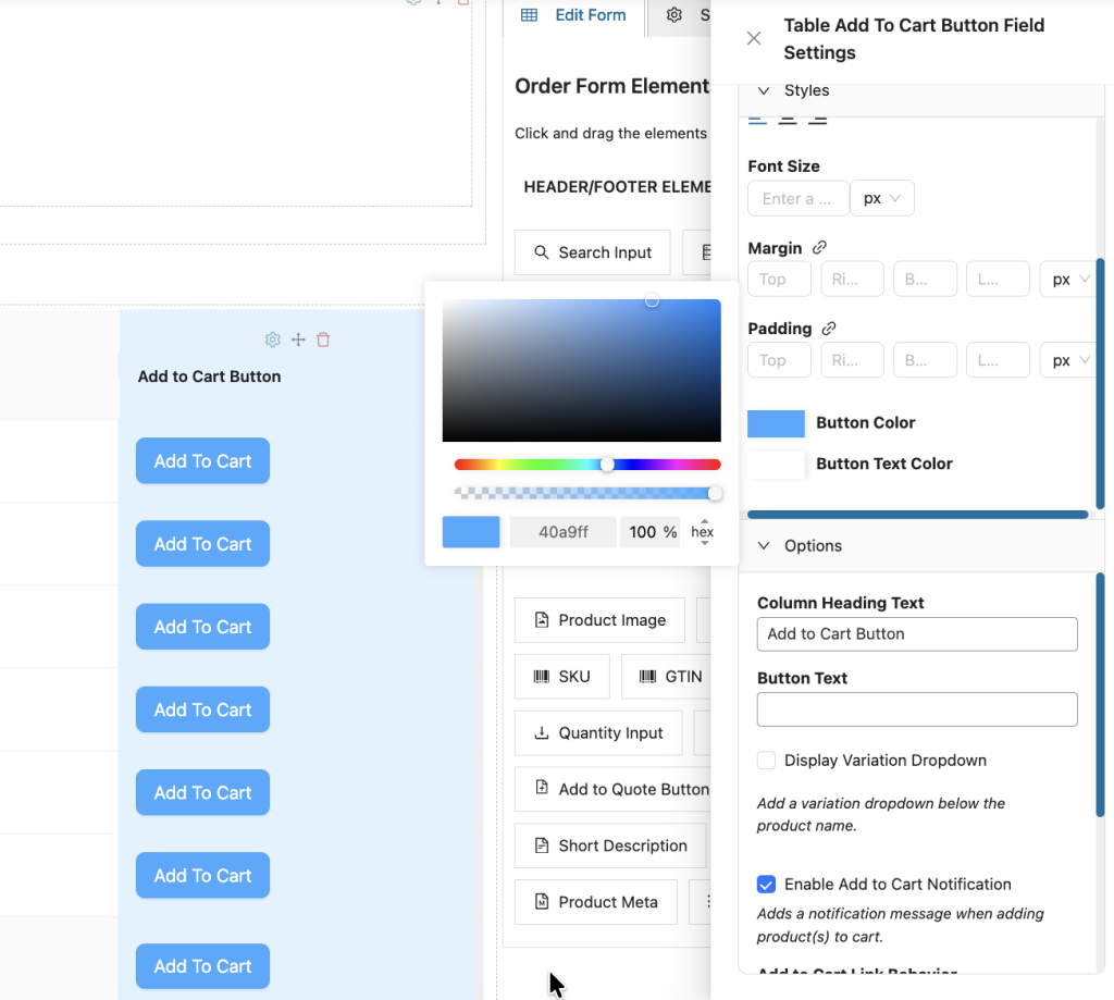 wws-wwof-color-picker - Wholesale Suite Der Farbwähler, der neben der Steuerung „Schaltflächenfarbe“ für ein Schaltflächenelement geöffnet ist