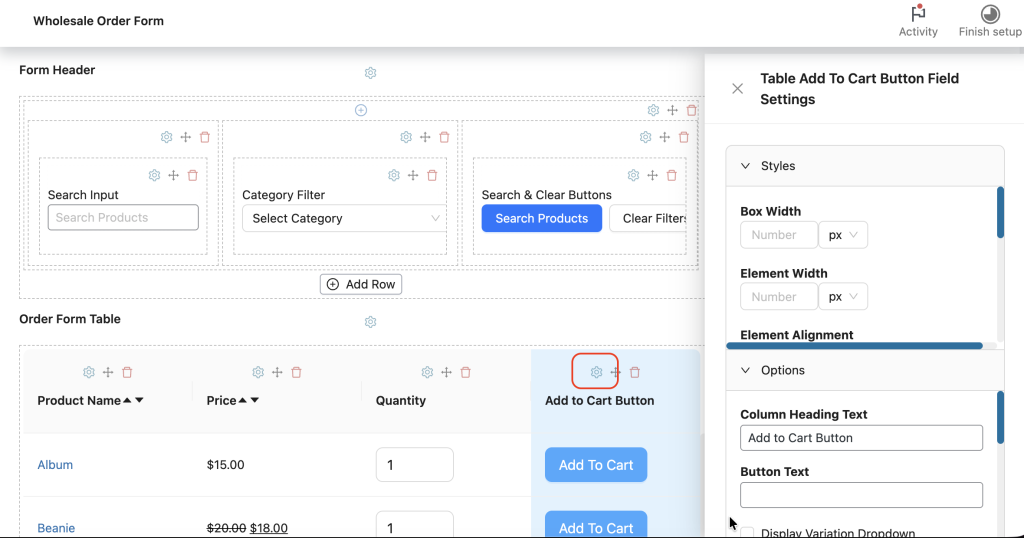 wws-wwof-gear-setttings - Wholesale Suite WooCommerce Wholesale Order Form Builder-Benutzeroberfläche mit Feldern für Suche, Kategorie-Filter und Bedienfeld für Schaltflächeneinstellungen „In den Warenkorb legen“ auf der rechten Seite