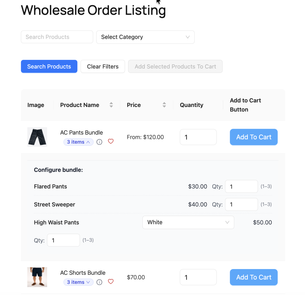 wws-wwof-order-form-list-variable-product-bundle - Wholesale Suite Wholesale order listing page with search and category filters, a blue 'Add To Cart' button for the AC Pants Bundle (3 items) and a bundled configuration section for multiple pants options.