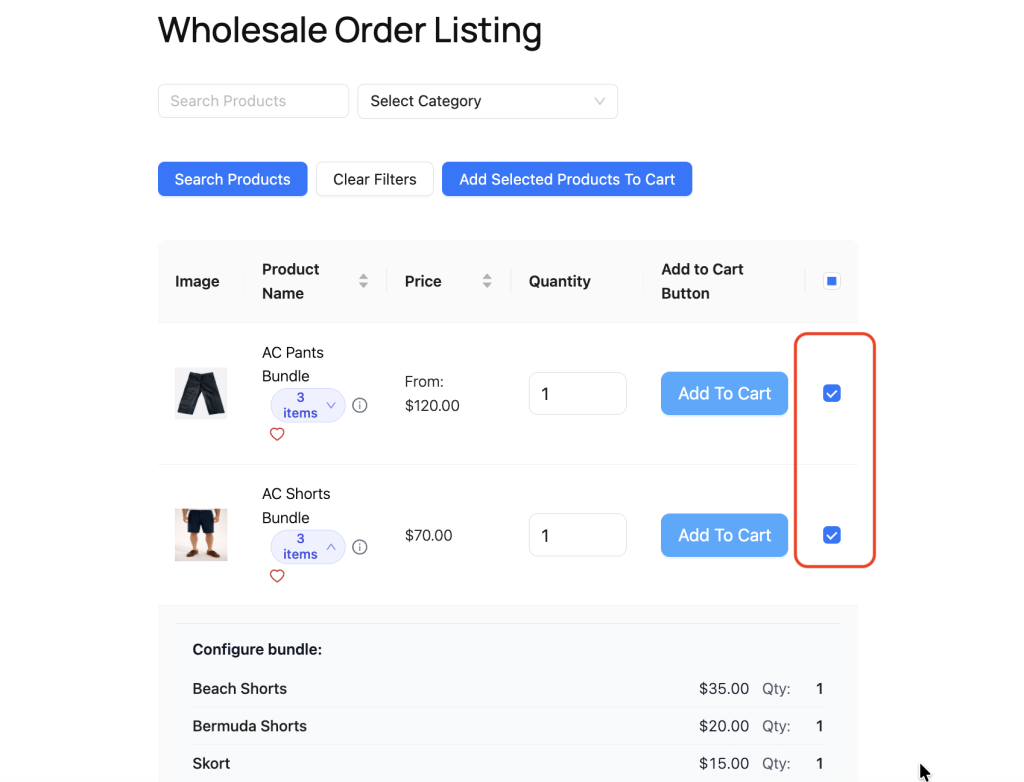 wws-wwof-product-bundles-add-to-cart-checkbox - Wholesale Suite Wholesale order listing page with product rows and a right-side column of selection checkboxes to choose items for checkout