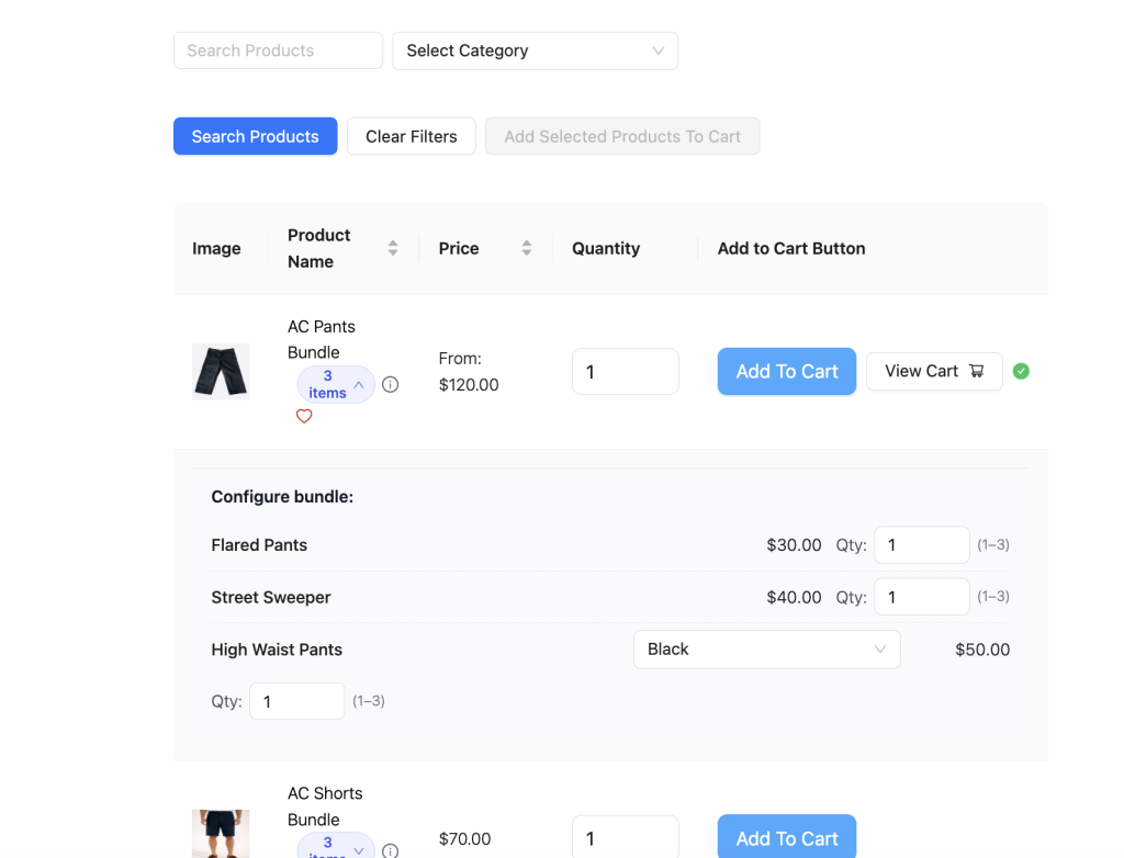 wws-wwof-product-bundles-added-to-cart - Wholesale Suite E-commerce product list header with image, name, price, quantity, and Add To Cart button row and View Cart icon in a light gray table header area.