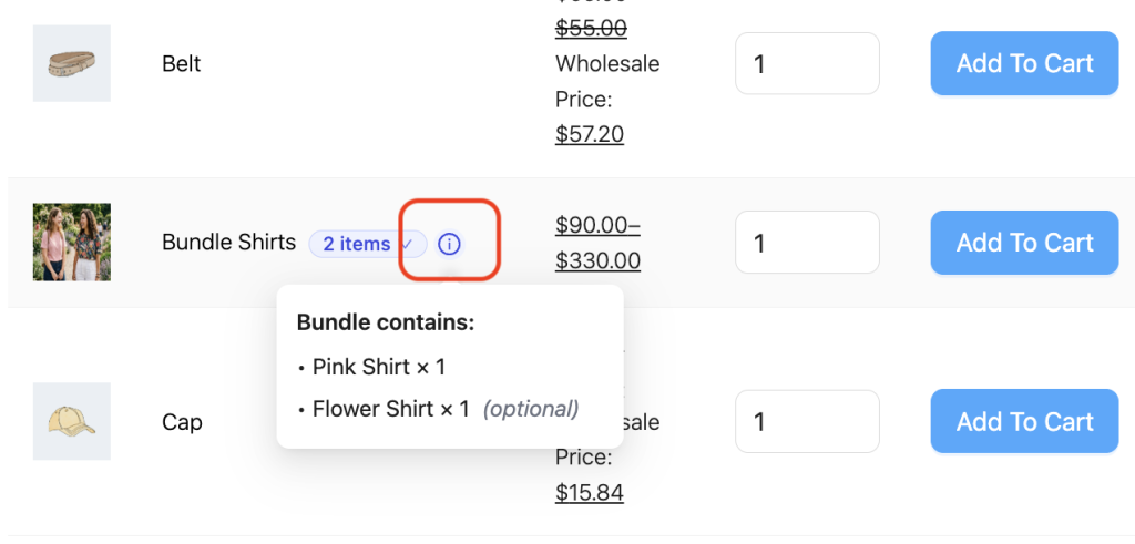 wws-wwof-product-bundles-info-icon - Wholesale Suite Bundle item: Pink Shirt x1 and Flower Shirt x1 (optional) in a popup detail for Bundle Shirts row