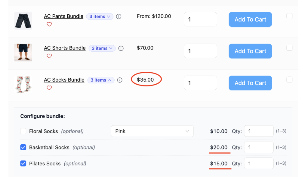 wws-wwof-product-bundles-live-product-update - Wholesale Suite Cart with three bundles: AC Pants, AC Shorts, and AC Socks bundles, each showing 3 items, price, quantity, and Add To Cart button.