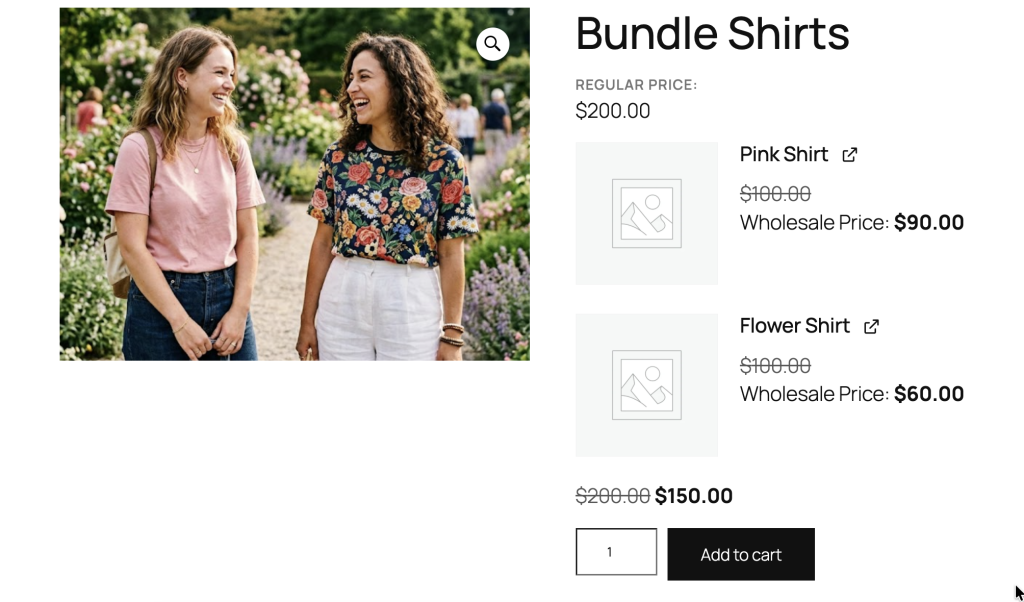 wws-wwpp-product-bundle-wholesale-price-frontend - Wholesale Suite Two women smiling and talking in a garden; one wearing a pink t-shirt and the other a floral print top in bright outdoors.