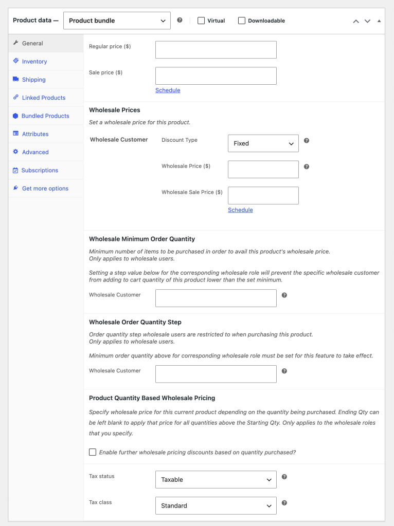 wws-wwpp-product-data-product-bundles - Wholesale Suite Admin product pricing settings screen showing regular and sale price fields, wholesale pricing blocks, and tax settings; left navigation lists sections like General, Inventory, Shipping, and more.