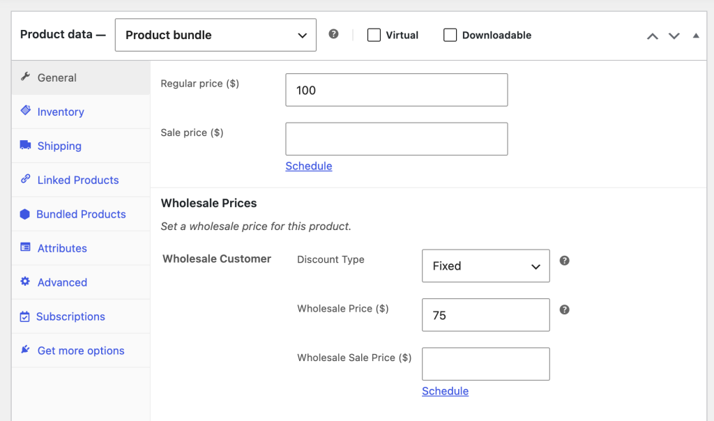 wws-wwpp-wholesale-price-product-bundle - Wholesale Suite Product bundle editor: Regular price 0 with wholesale price and Schedule links; left menu shows General, Inventory, Shipping, Bundled Products, etc.