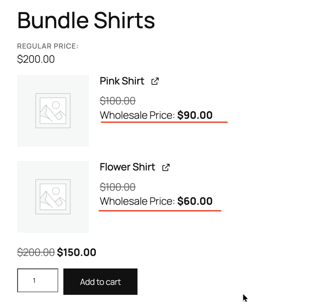 wws-wwpp-wholesale-prices-frontend-product-bundle - Wholesale Suite Bundle Shirts page listing two items: Pink Shirt and Flower Shirt with wholesale prices and , plus a bundle total of 0 at bottom.