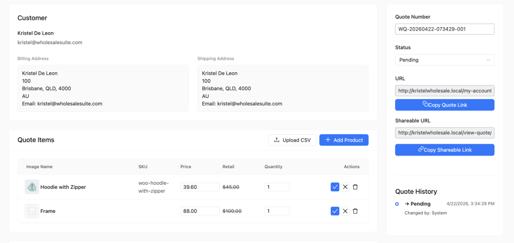 Dashboard showing customer Kristel De Leon’s billing and shipping addresses, a quote with number WQ-20260422-073429-001 in Pending status, URL, and a list of quote items (Hoodie with Zipper and Frame) with prices and quantities.