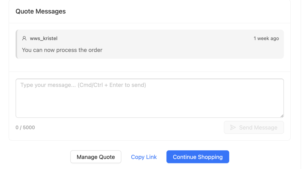 wws-wwq-public-link-owner - Wholesale Suite Public quote view as seen by the quote owner — includes the Manage Quote button and Quote Messages panel