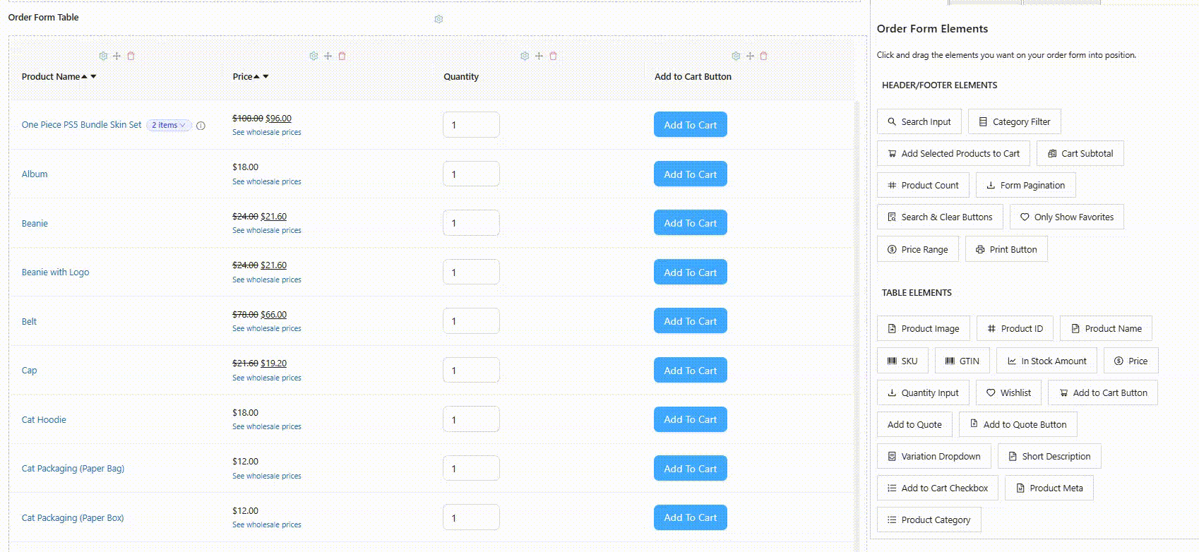 WWS-ADDITING-STW-BUTTON - Wholesale Suite Bestellformular-Tabelle mit Produkten, Preisen, Mengen und einer Schaltfläche „In den Warenkorb“ für jeden Artikel (z. B. One Piece PS5 Bundle Skin Set, Album, Beanie...).