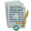 Tag labeled 'QUOTE REQUEST' with price and a checkmark, indicating a quote request item awaiting processing