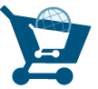 Icona di un carrello della spesa blu con un globo nel cestino, a rappresentare l'e-commerce globale/spedizioni in tutto il mondo.