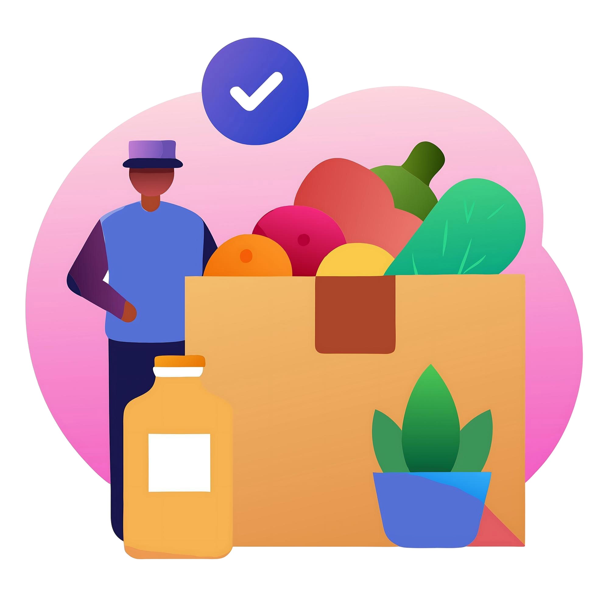 Person in a blue shirt and purple hat stands beside a large box overflowing with colorful fruits and vegetables, with a blue checkmark icon above. Detailing groceries and delivery theme.