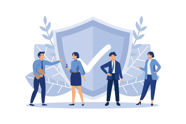 Group of professionals around a large shield with a checkmark, symbolizing protection and trust in security.