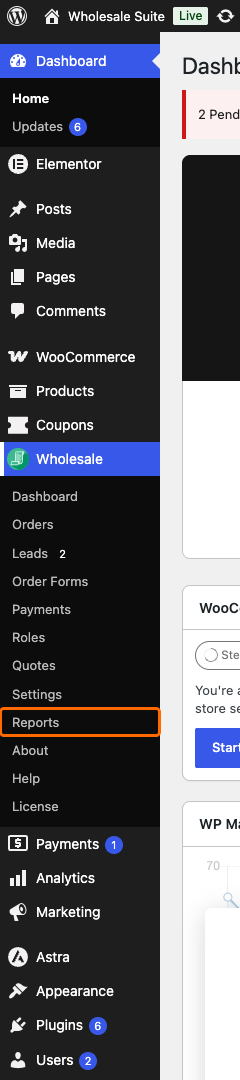 wholesale-suite-admin-menu-reports-highlighted - Wholesale Suite WordPress admin sidebar with the Wholesale menu expanded and the Reports submenu link highlighted