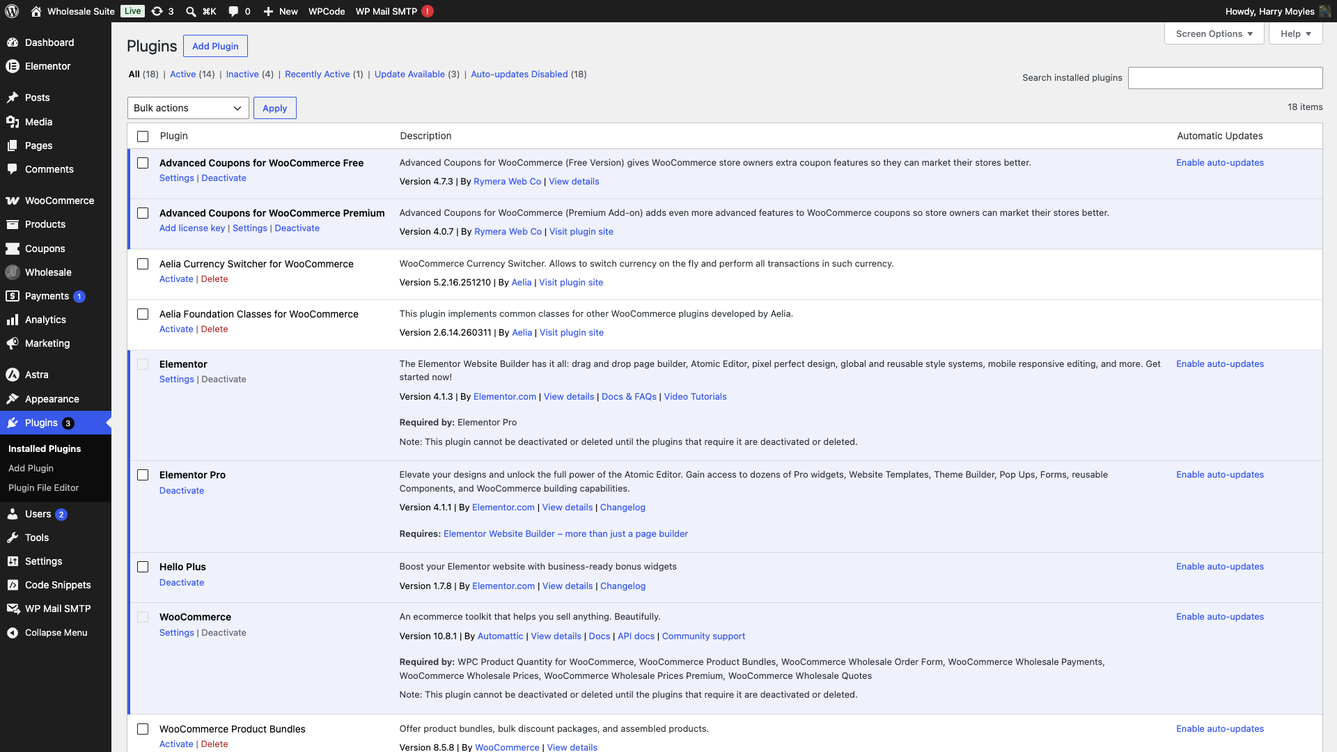 wholesale-suite-installed-plugins-list - Wholesale Suite WordPress Installed Plugins list showing active plugins including WooCommerce and WooCommerce Wholesale Order Form