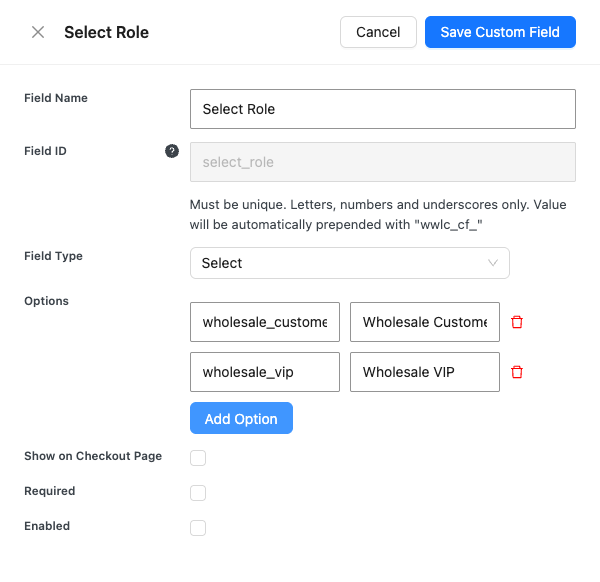 wholesale-suite-lead-capture-select-role-field-options - Wholesale Suite Select Role custom field options set to wholesale_customer and wholesale_vip role keys