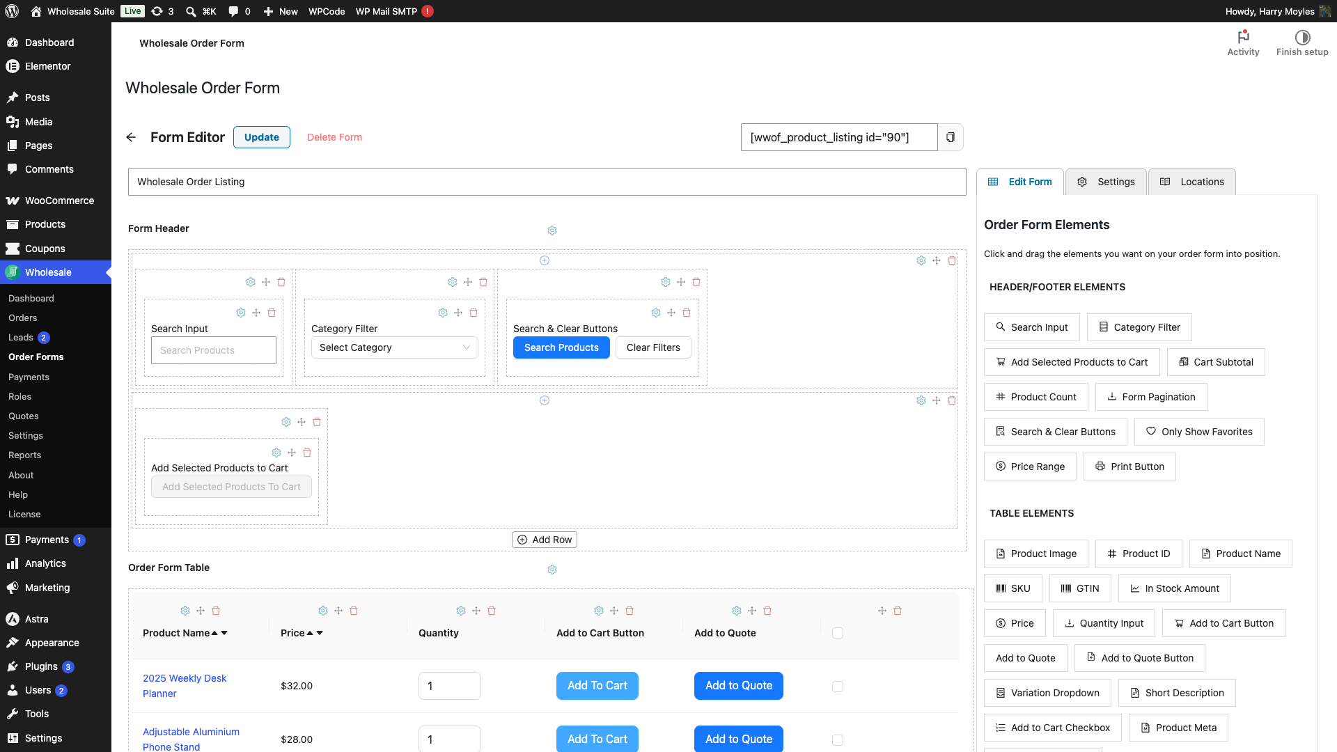 wholesale-suite-order-form-editor-shortcode - Wholesale Suite Order form editor showing the form settings and the wwof_product_listing shortcode field
