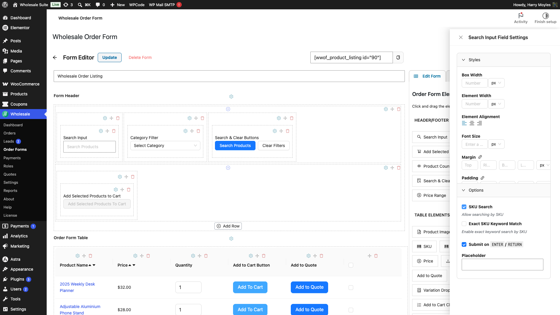 wholesale-suite-order-form-search-input-sku-search-toggle - Wholesale Suite Opties voor het invoerelement van de zoekfunctie die de ingeschakelde SKU-zoekschakelaar tonen