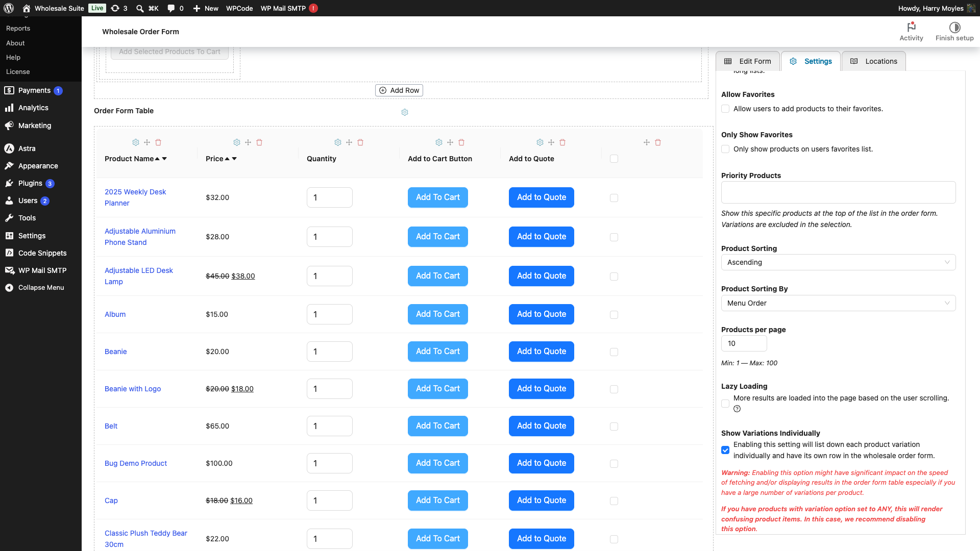 wholesale-suite-order-form-settings-show-variations-individually - Wholesale Suite Tabblad Instellingen dat de optie Variaties Individueel Tonen ingeschakeld toont