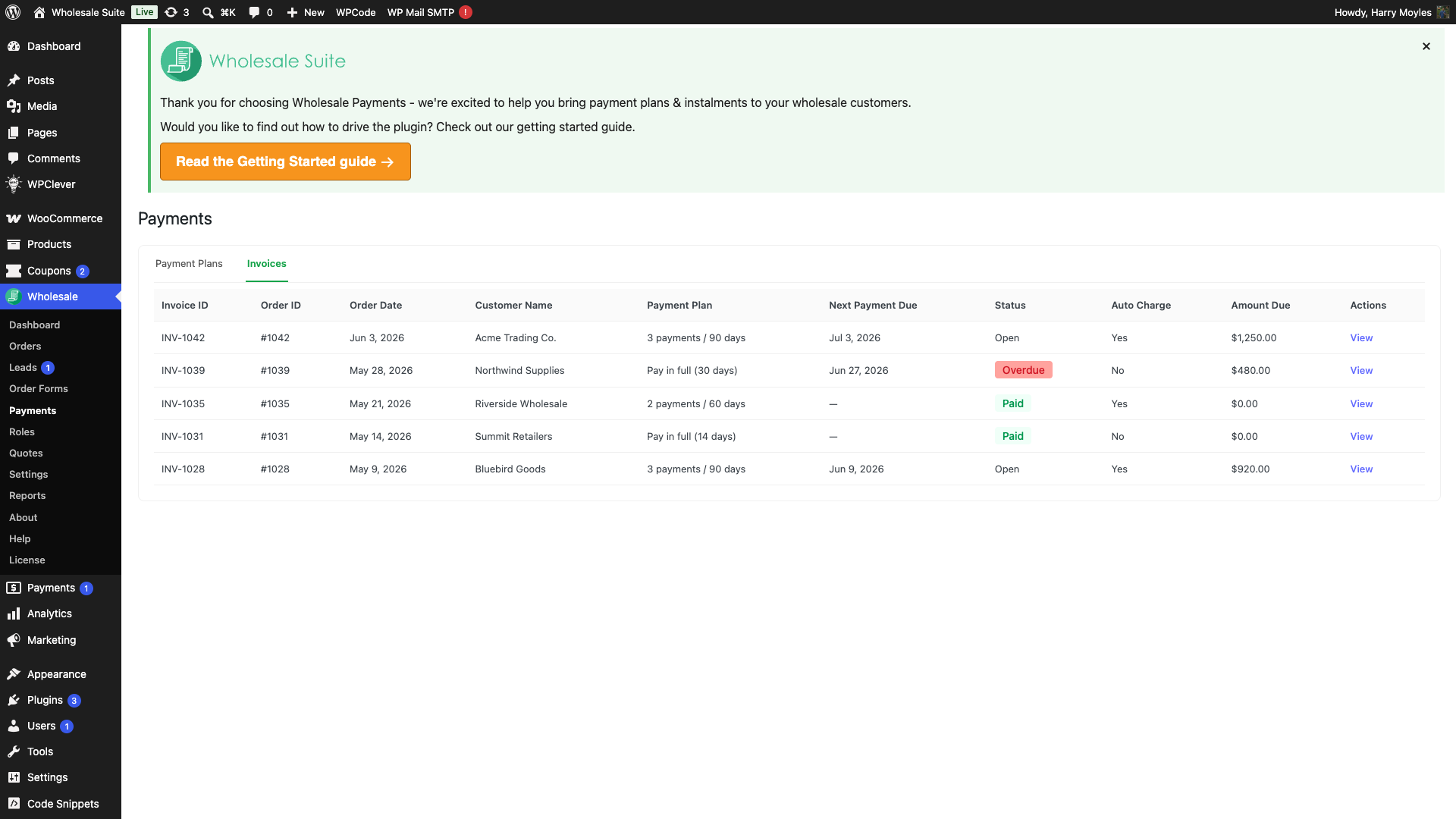 wholesale-suite-payments-invoices-list - Wholesale Suite Wholesale Payments Invoices tab showing invoice statuses