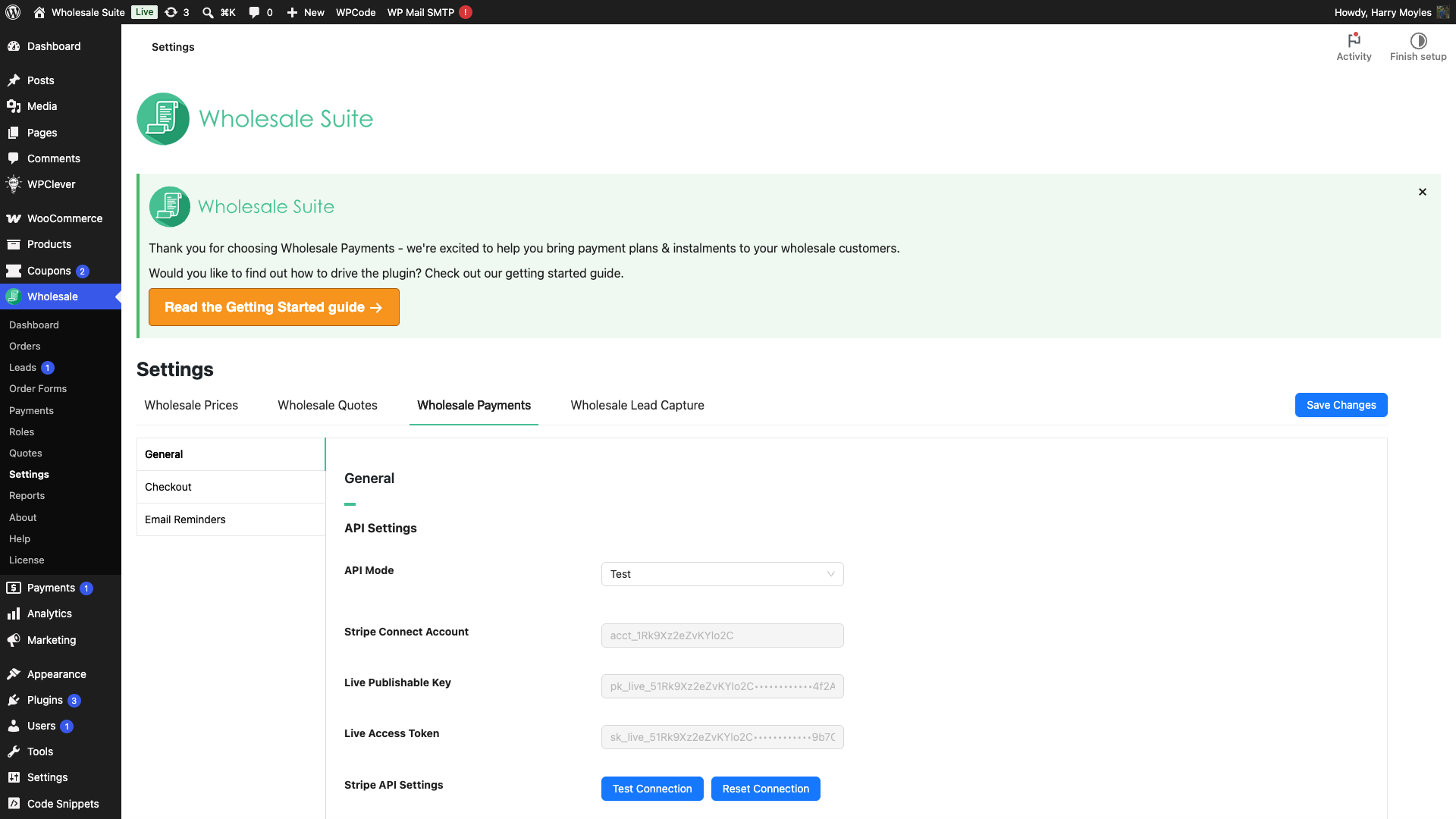 wholesale-suite-payments-stripe-connected - Wholesale Suite API Settings showing the connected Stripe Connect Account with Test Connection and Reset Connection buttons