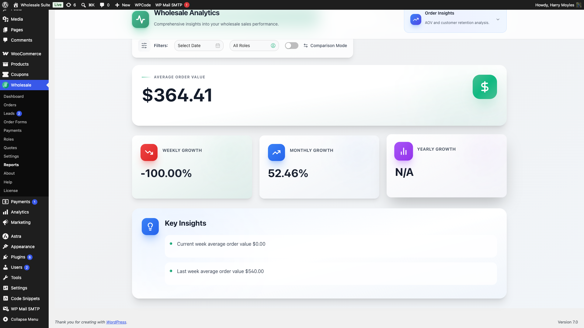 wholesale-suite-reports-aov-section - Wholesale Suite Average Order Value section showing AOV figure, weekly, monthly and yearly growth indicators, and Key Insights