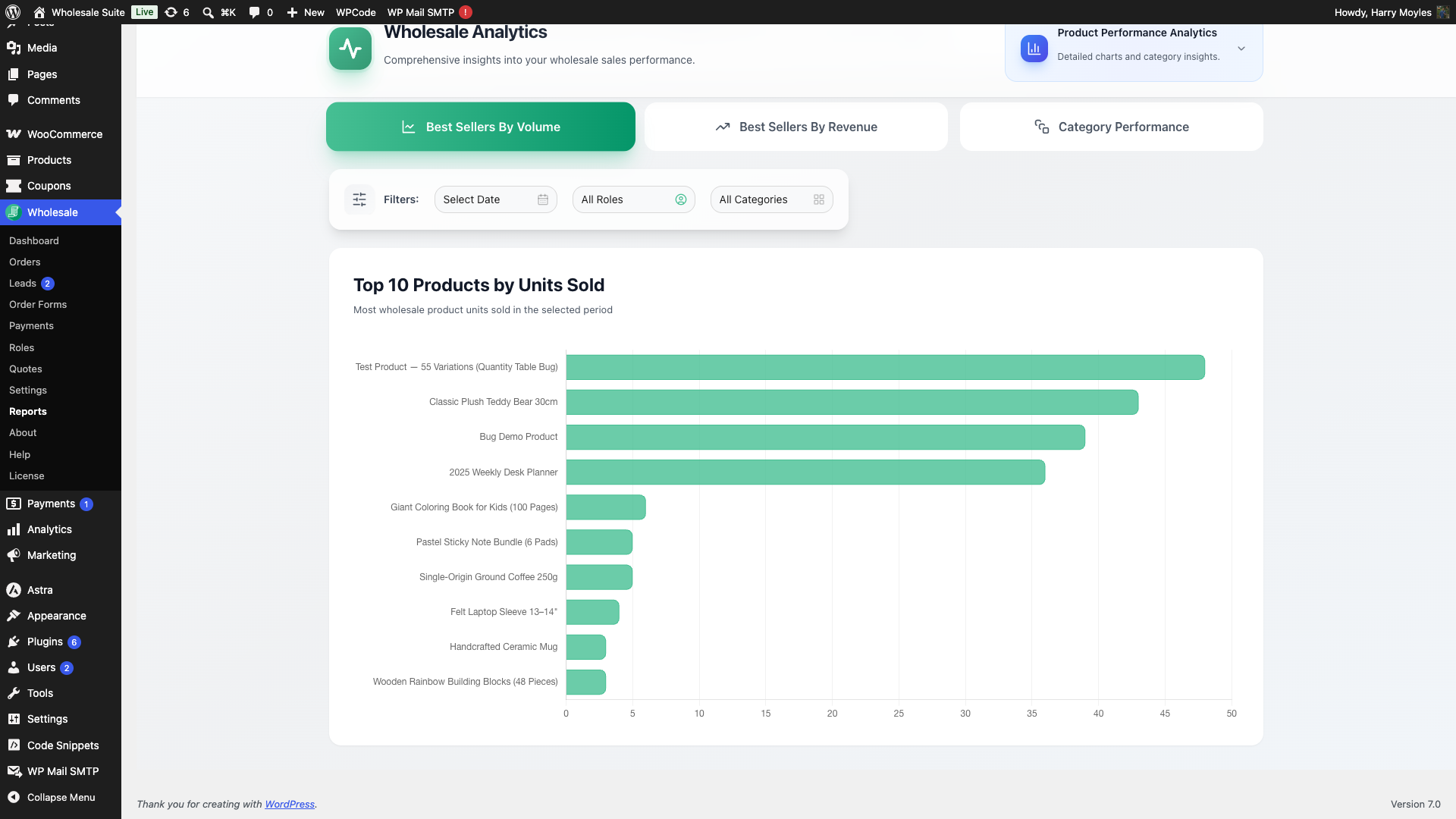 wholesale-suite-reports-best-sellers-by-volume - Wholesale Suite Best Sellers By Volume horizontal bar chart showing the top 10 wholesale products by units sold