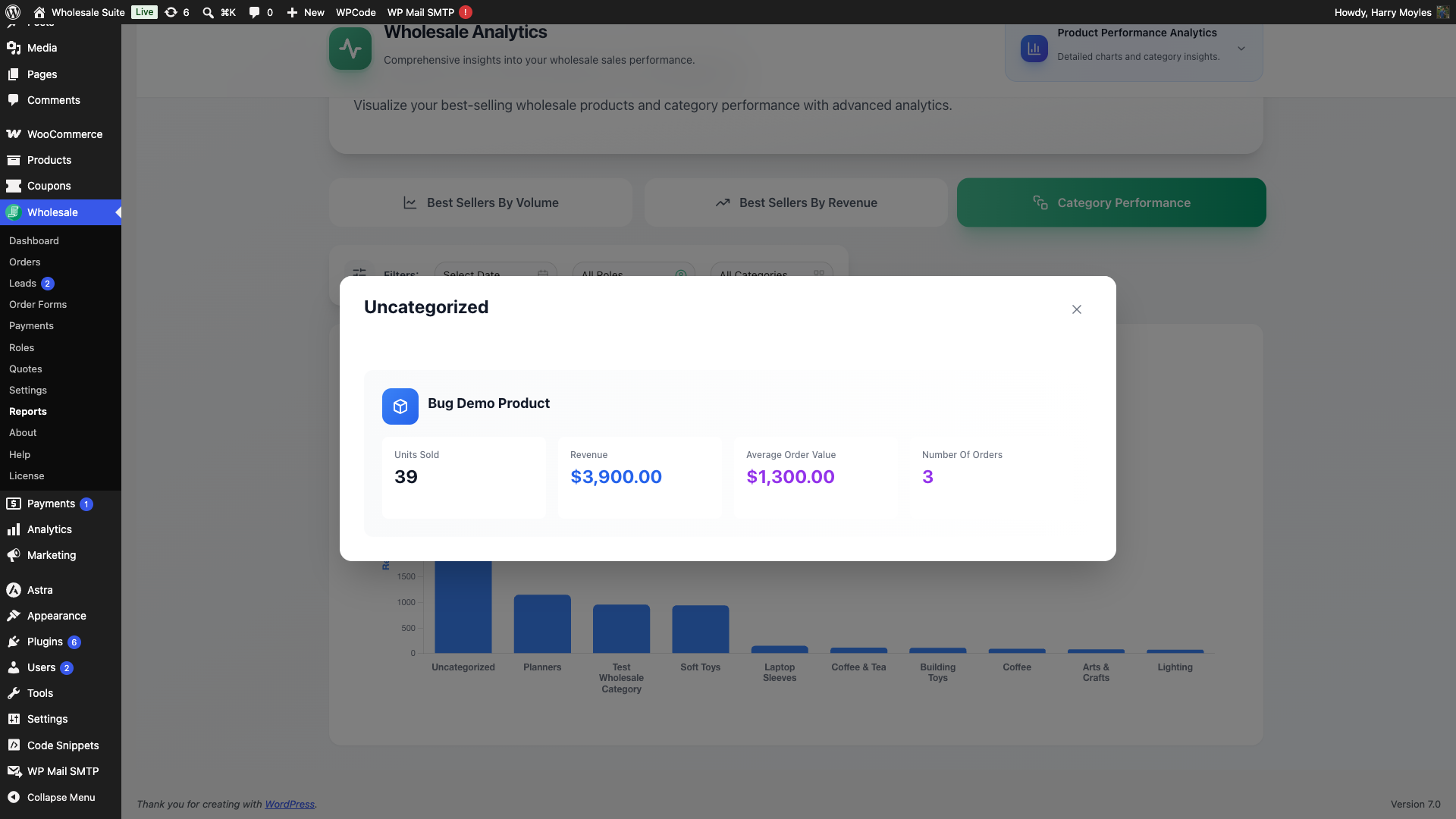 wholesale-suite-reports-category-detail-modal-1 - Wholesale Suite Category detail modal opened from the Category Performance chart showing product cards within the selected category