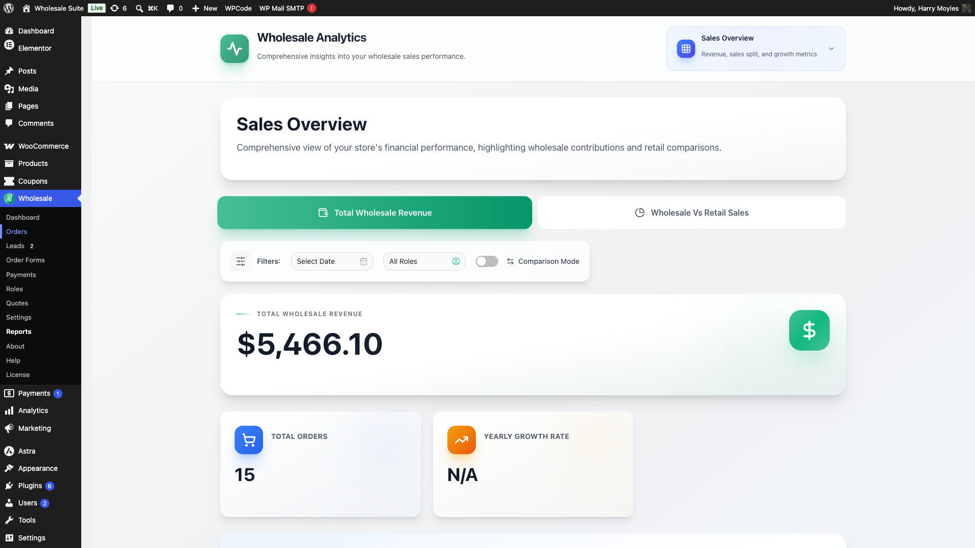 wholesale-suite-reports-dashboard-sales-overview-tab - Wholesale Suite Wholesale Analytics dashboard with the Sales Overview tab active showing total wholesale revenue and orders