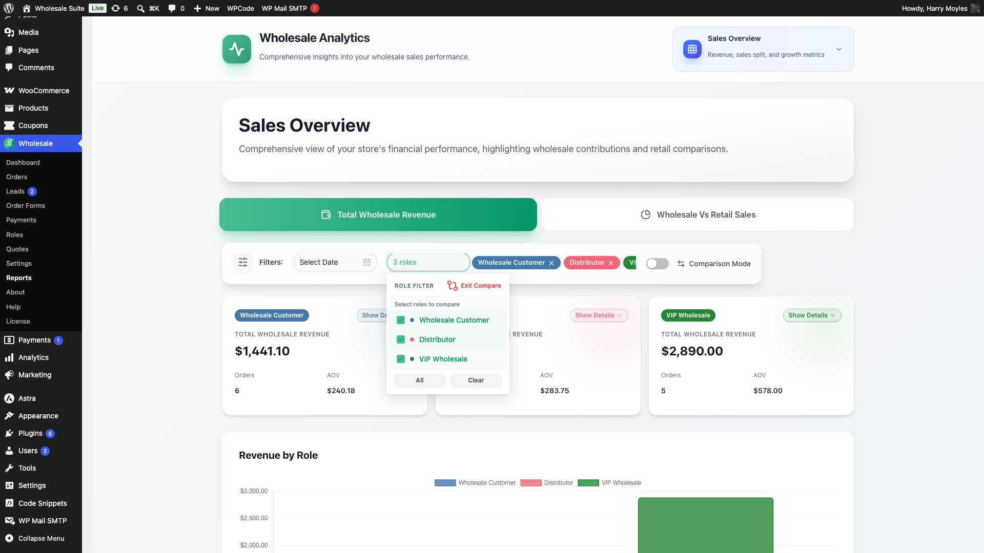 wholesale-suite-reports-role-compare-checkbox-list - Wholesale Suite Role Filter dropdown in Compare mode with all wholesale roles selected via checkboxes