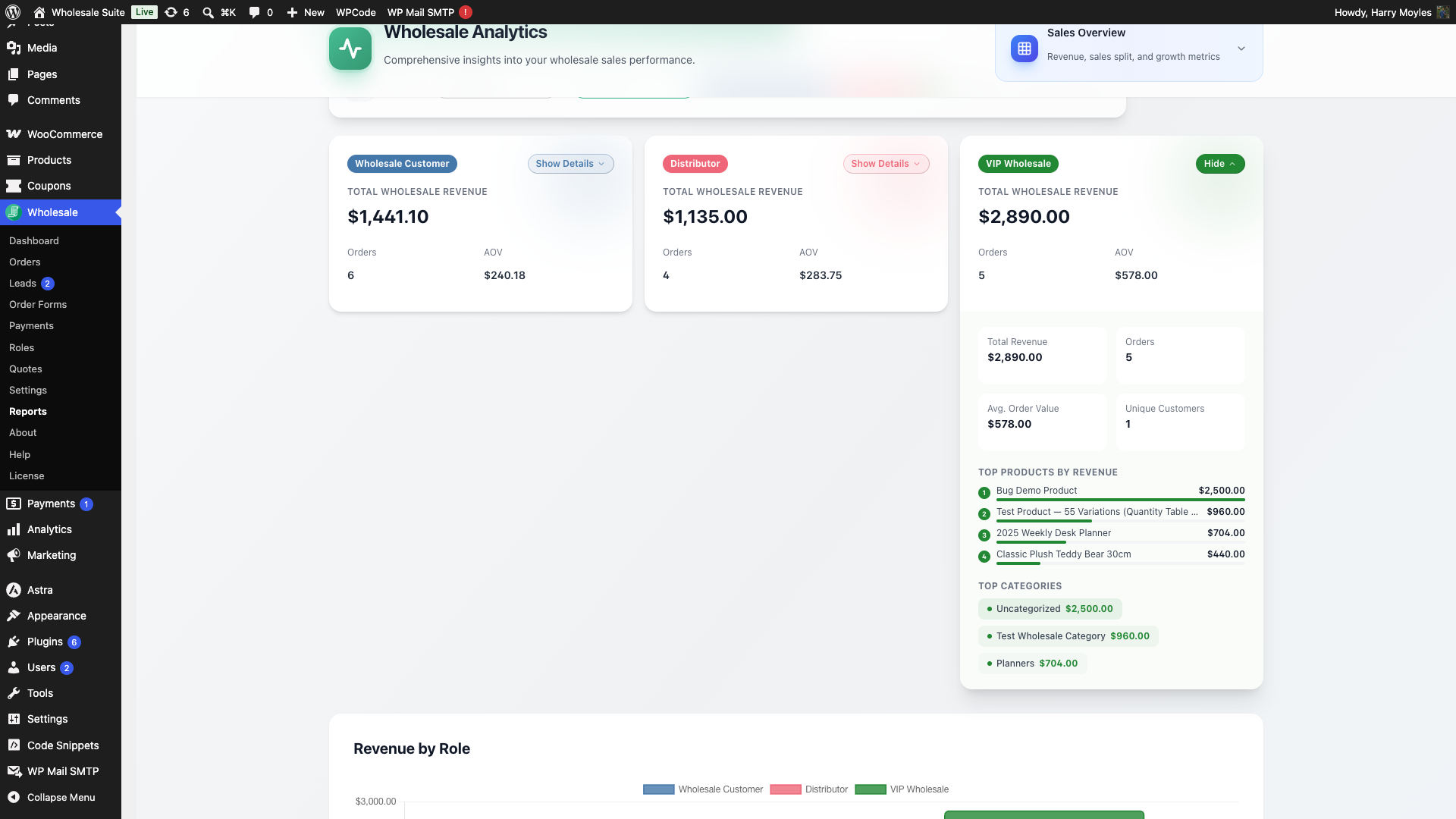 wholesale-suite-reports-role-comparison-card-expanded - Wholesale Suite Expanded VIP Wholesale role card showing top products, top categories, and per-role metrics