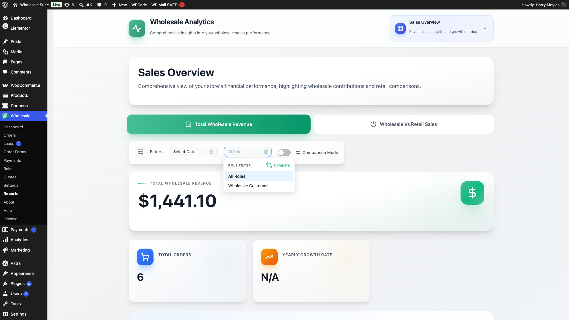 wholesale-suite-reports-role-filter-compare-button - Wholesale Suite Role Filter dropdown open with the Compare button visible in its header