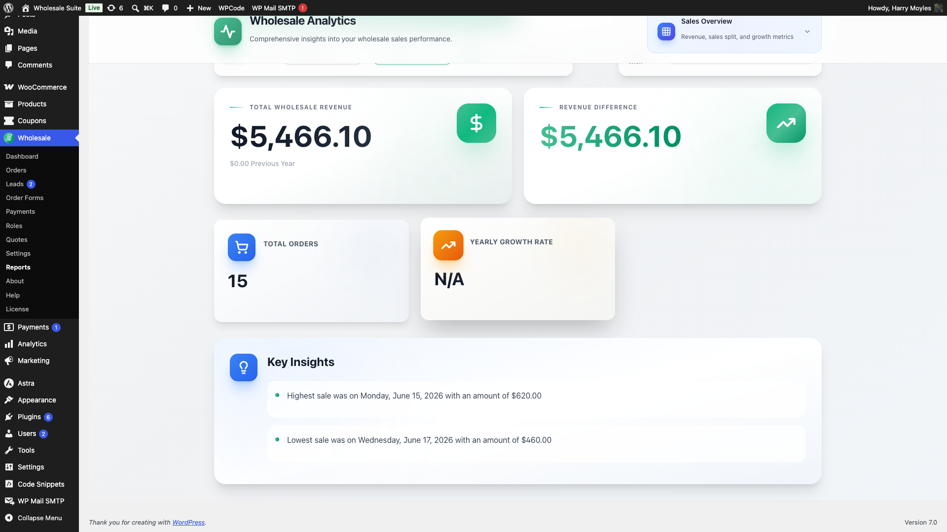 wholesale-suite-reports-twr-comparison-mode-on - Wholesale Suite Total Wholesale Revenue card alongside Revenue Difference card when Comparison Mode is enabled