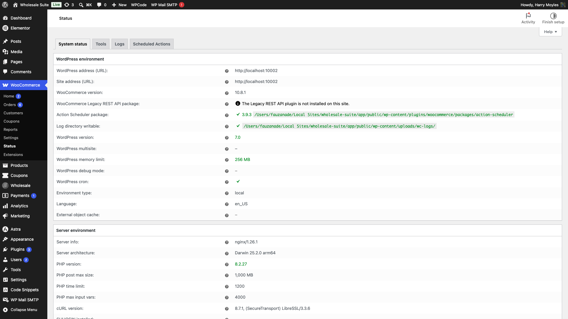 wholesale-suite-woocommerce-system-status-memory-limit - Wholesale Suite WooCommerce System Status page showing the WordPress and PHP memory limit rows