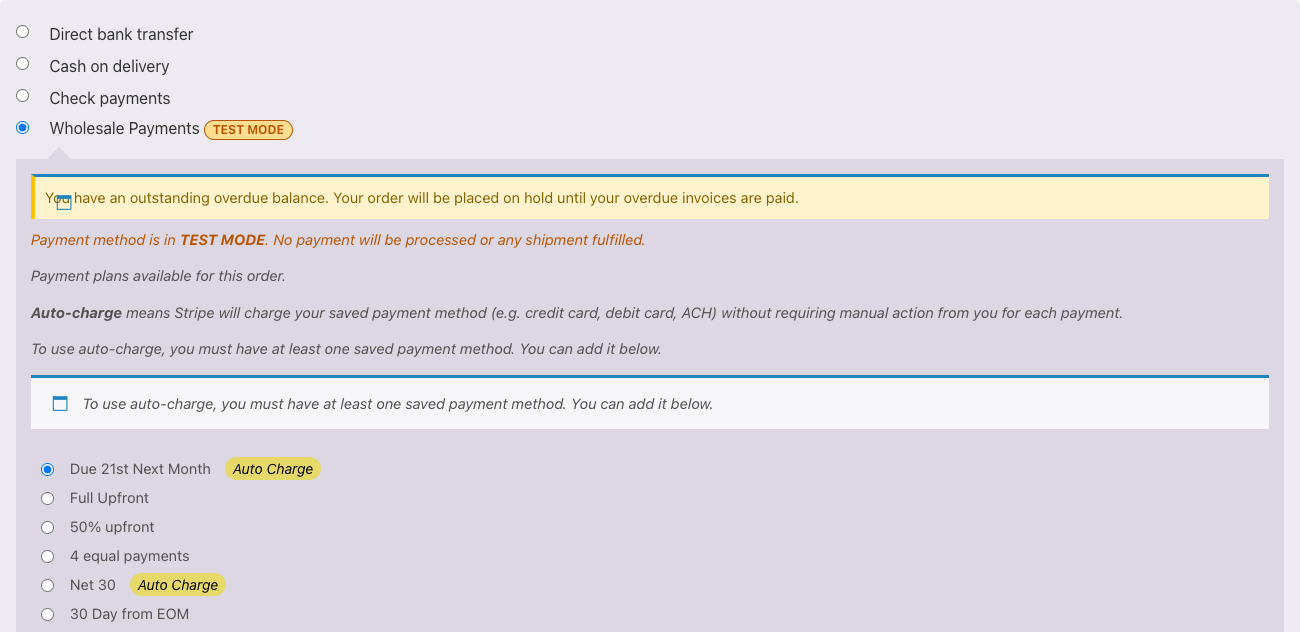 wholesale-suite-wpay-checkout-overdue-notice-1 - Wholesale Suite Checkout showing the overdue balance on-hold notice on the Wholesale Payments option