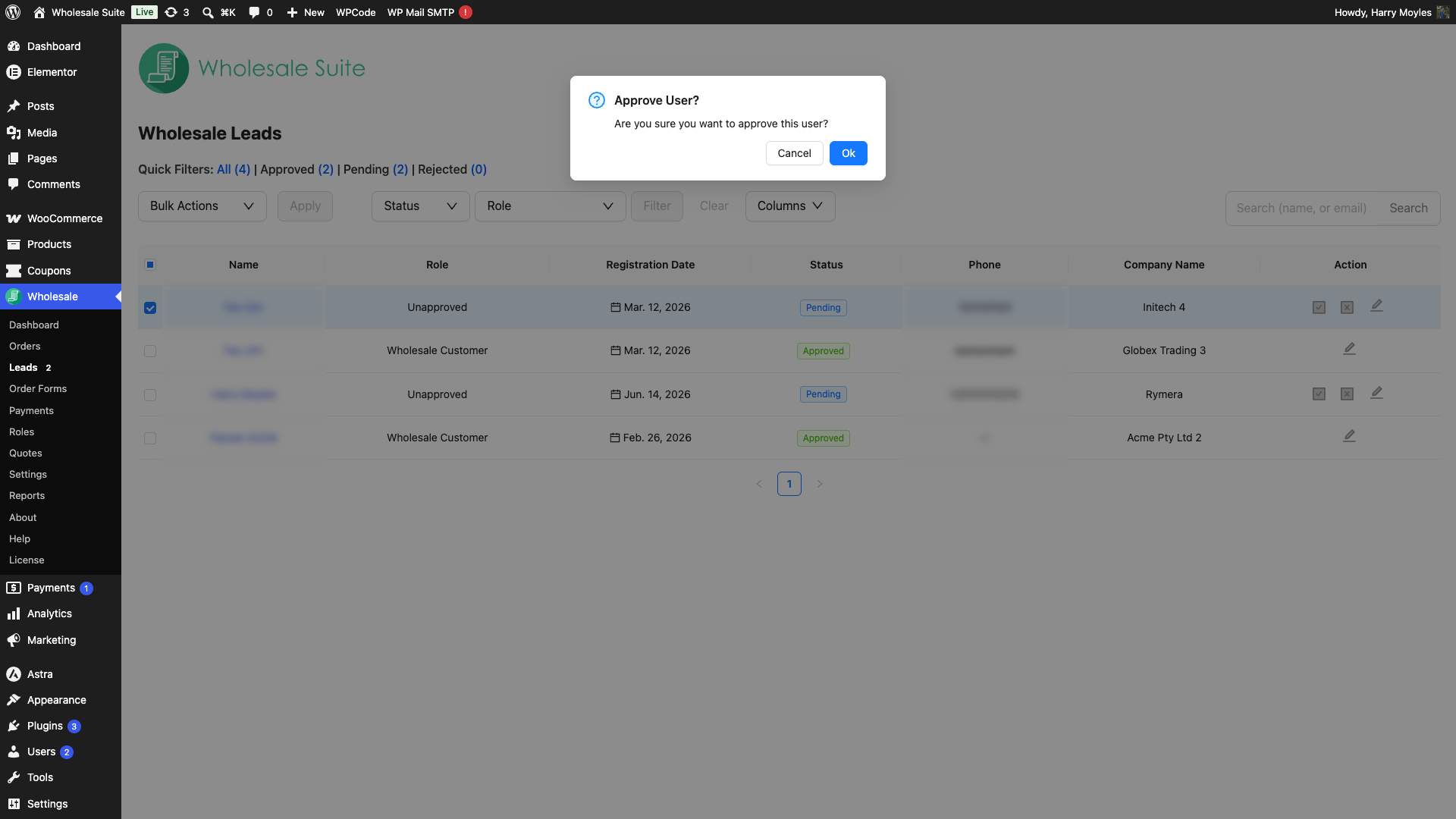 wholesale-suite-wwlc-approve-user-dialog - Wholesale Suite The "Approve User?" confirmation dialog with the "Are you sure you want to approve this user?" message and the OK and Cancel buttons