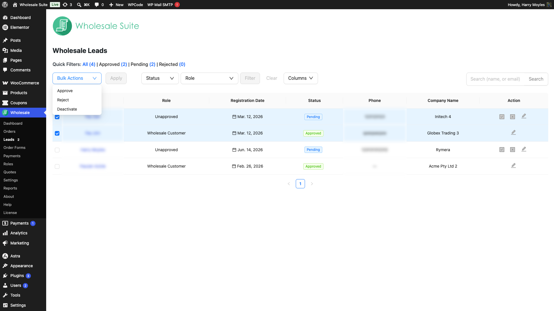 wholesale-suite-wwlc-bulk-actions-dropdown - Wholesale Suite The Leads Dashboard with several checkboxes ticked, the Bulk Actions dropdown open showing Approve, Reject, and Deactivate options
